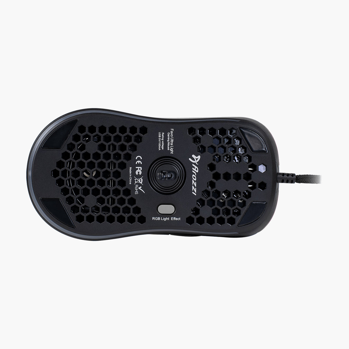 Arozzi Europe Favo Ultra Light Gaming Mouse, underside view, honeycomb design on white.