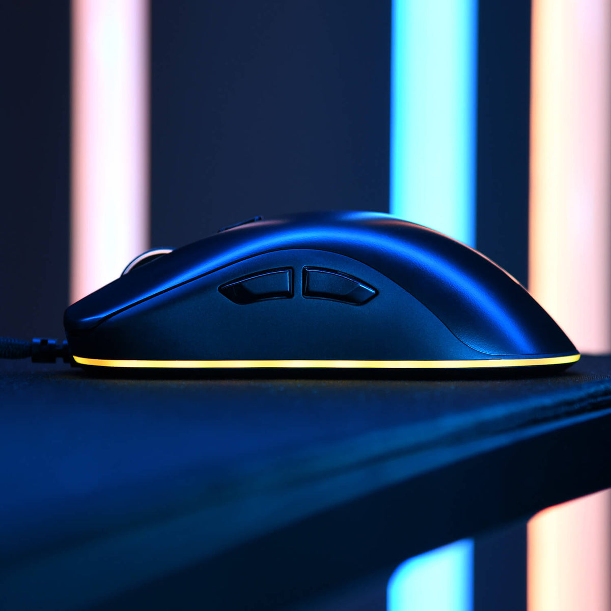 Black gaming mouse with side buttons, glowing edge, and colorful vertical light bars in background.