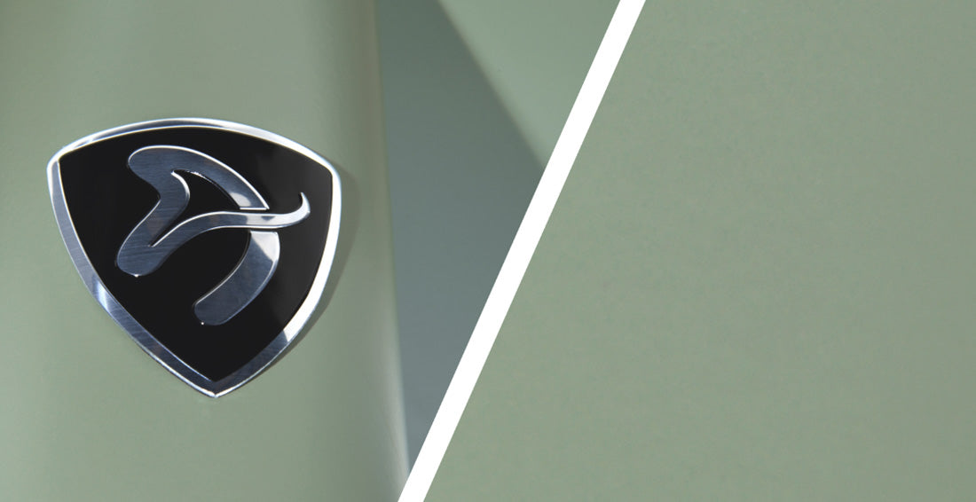 Black and silver shield-shaped logo on a matte green surface with a diagonal white line.