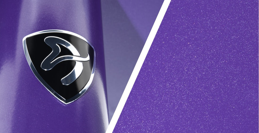 Black and silver logo on a shiny purple surface next to a sparkly purple background.