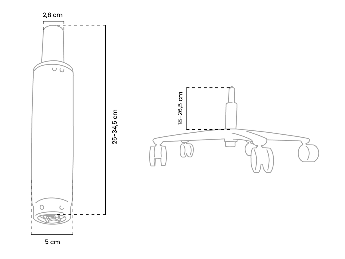 Line drawings of a chair cylinder and a chair base with detailed measurements in centimeters.