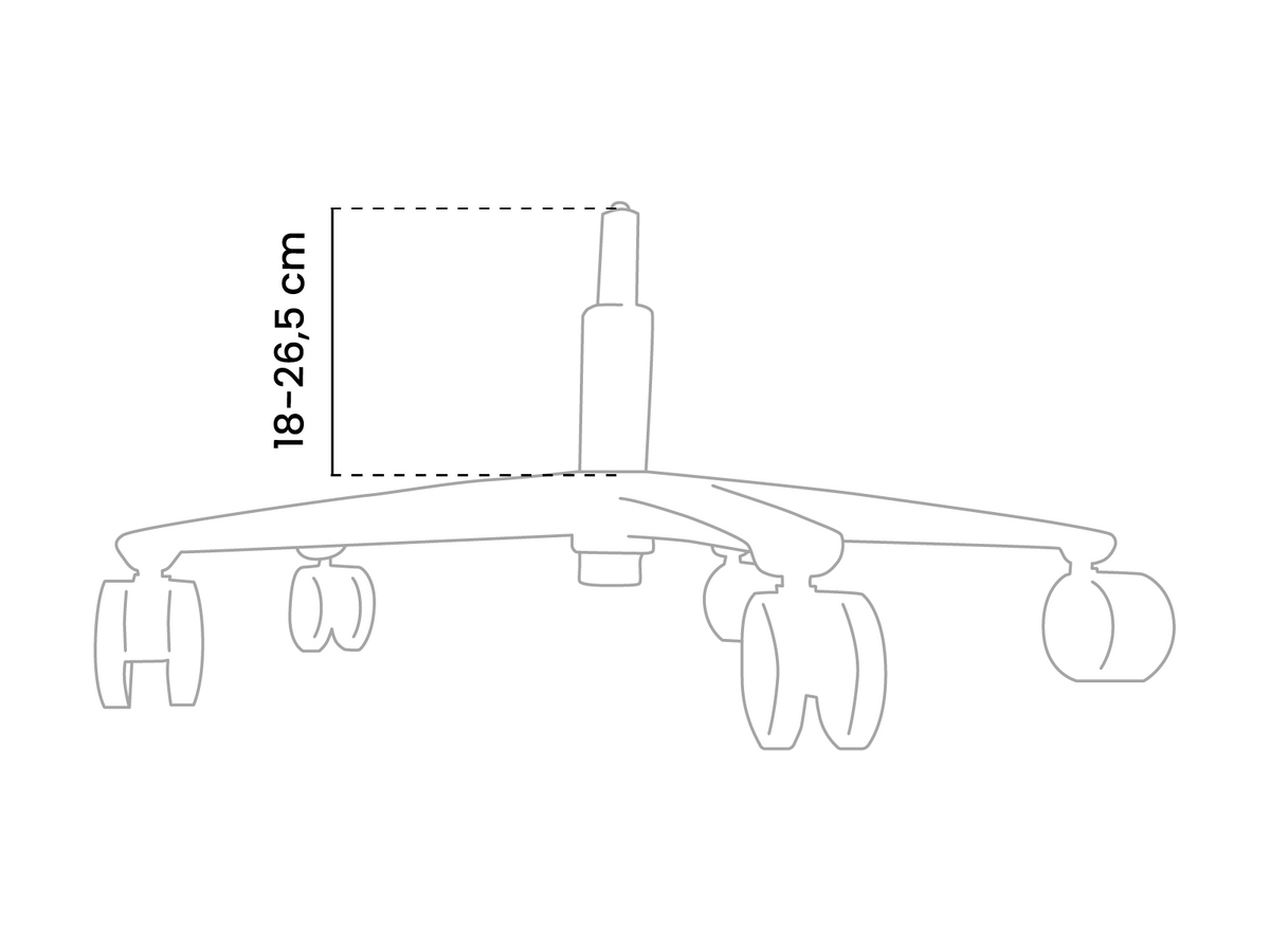 Chair base with rolling wheels and adjustable height labeled 18–26.5 cm.