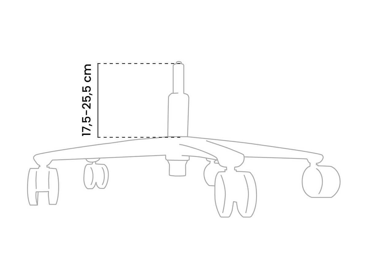 Diagram of a chair base with a height range of 17.5–25.5 cm marked on the gas lift.