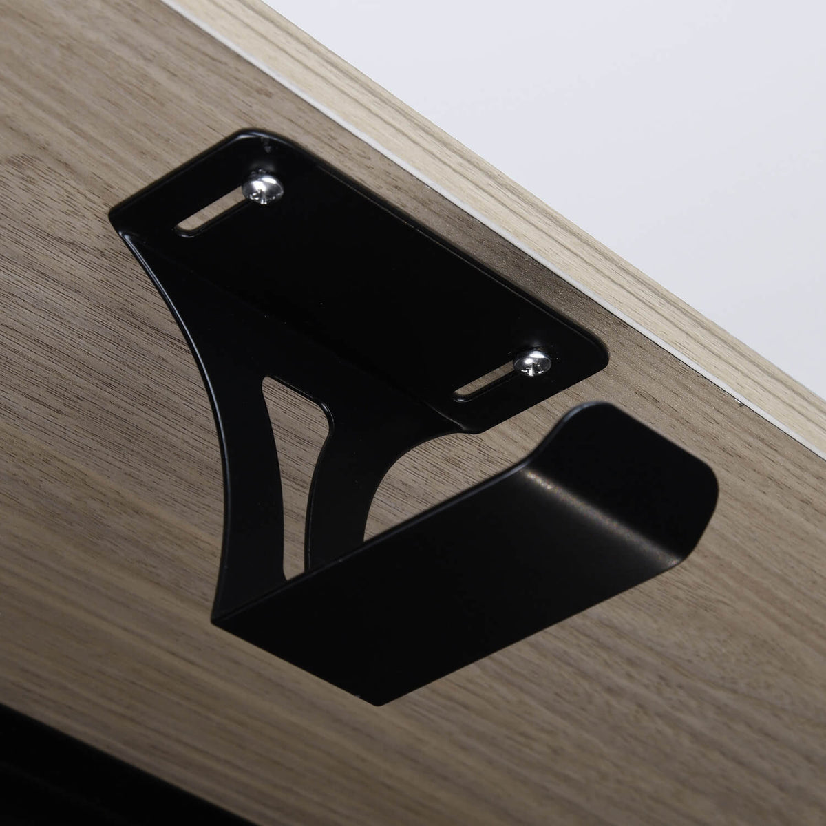 Arozzi Europe Headset Hanger: black metal hook under wood, ideal for gaming desk setups.