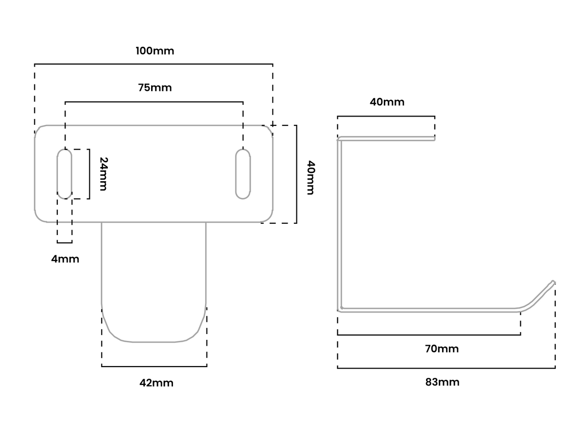Technical drawing of a metal bracket with labeled measurements and dimensions in millimeters.