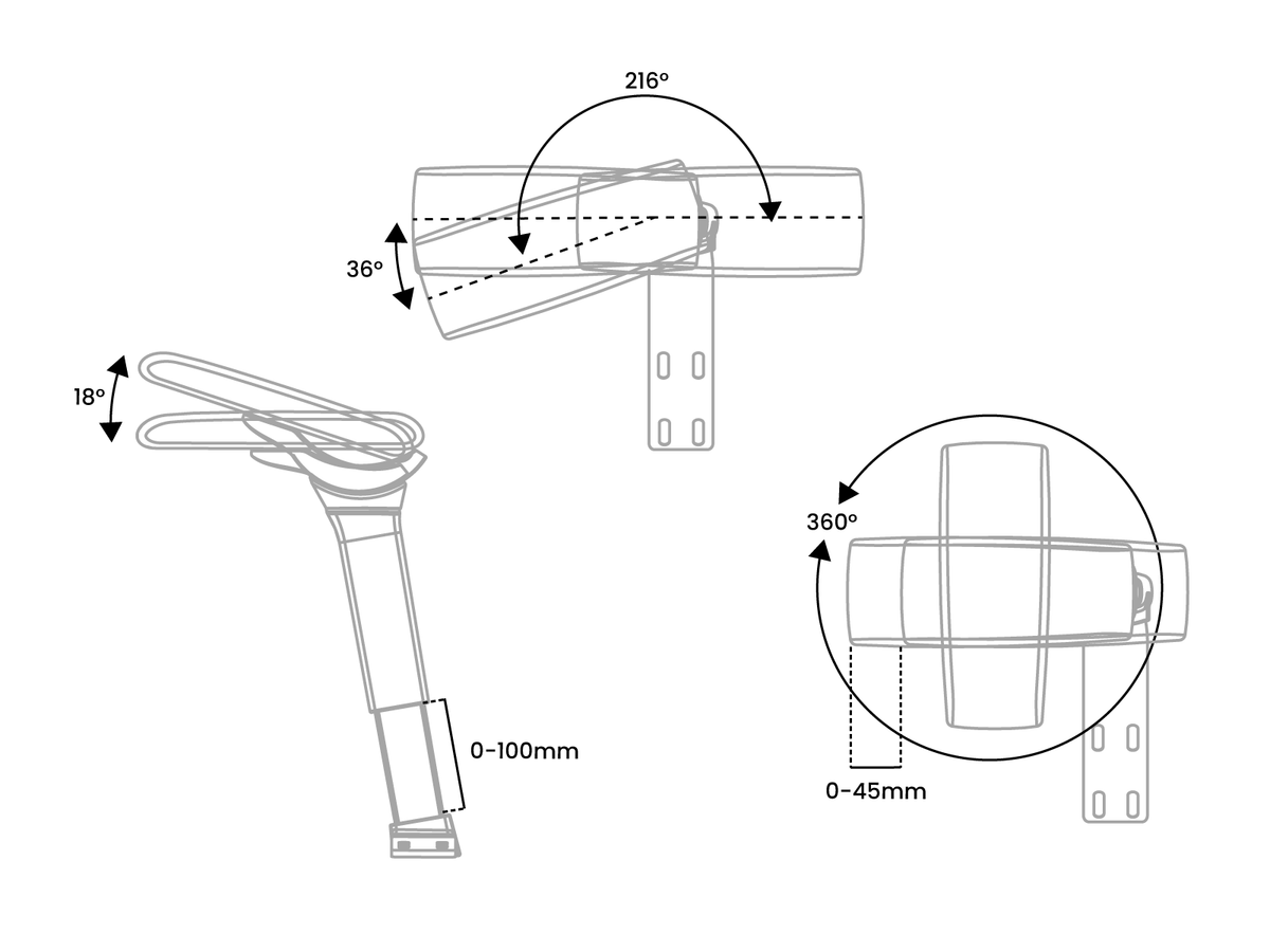 Technical diagram showing angles and adjustment ranges for a mechanical arm or bracket.