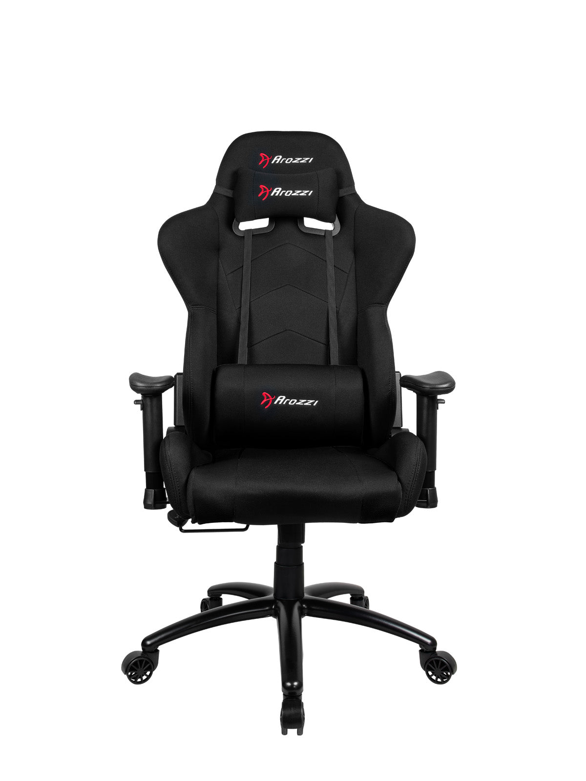 Black ergonomic gaming chair with lumbar and neck pillows, five wheels, and adjustable armrests.