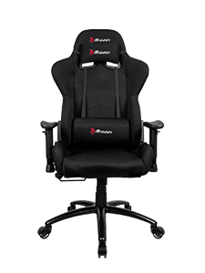 Black ergonomic gaming chair with armrests, headrest, and lumbar support on wheels.