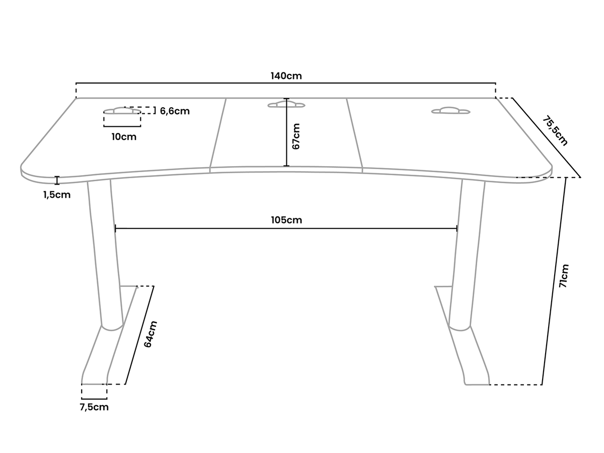 Line drawing of a desk with detailed dimensions labeled in centimeters.