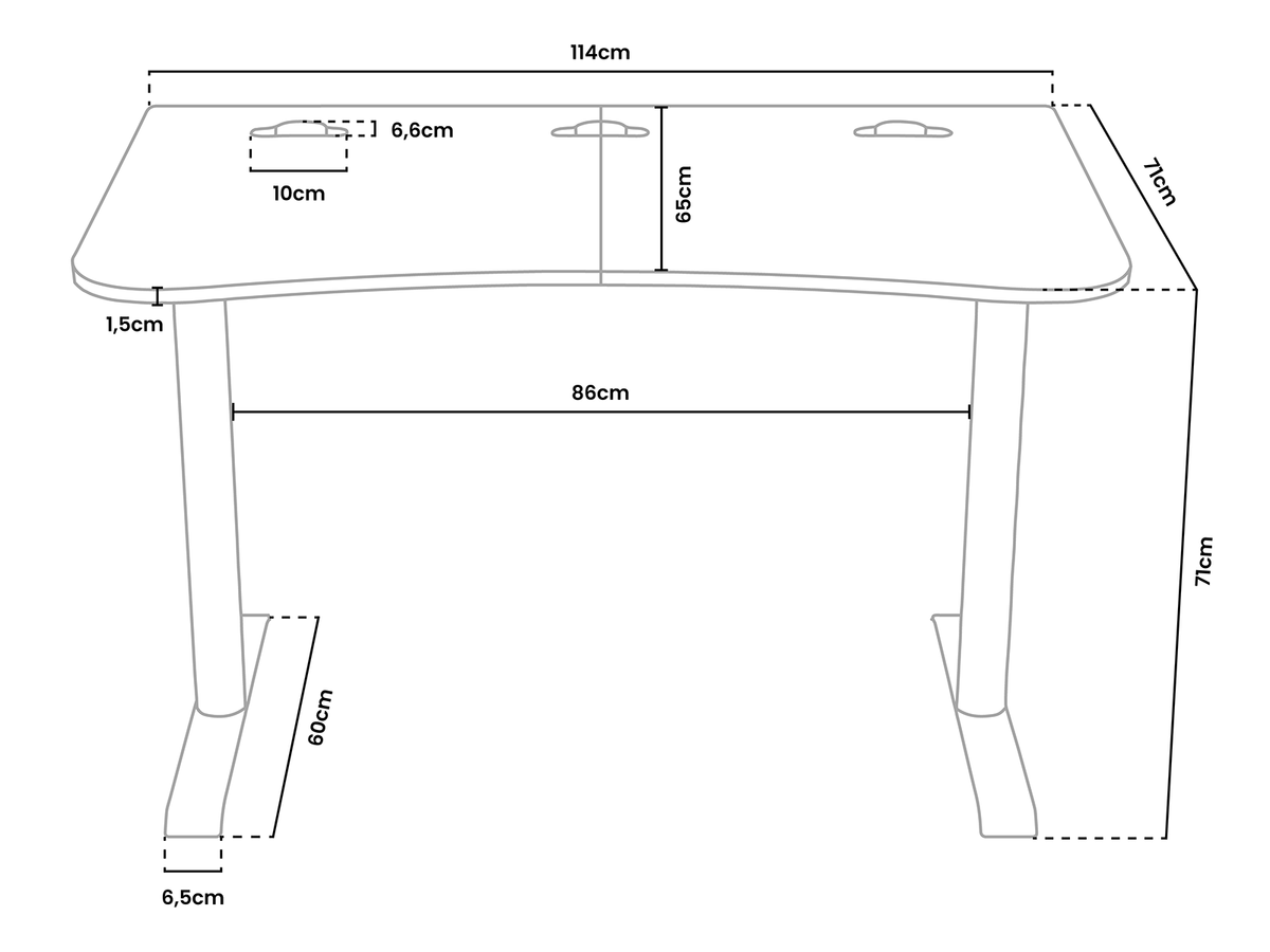 Line drawing of a desk with labeled dimensions in centimeters.