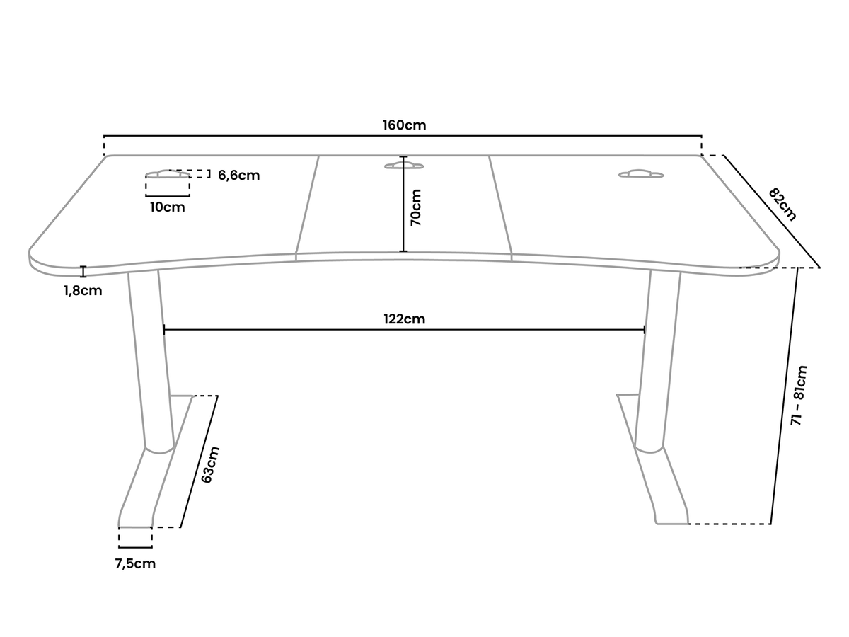 A desk with labeled dimensions in centimeters for width, depth, and height.