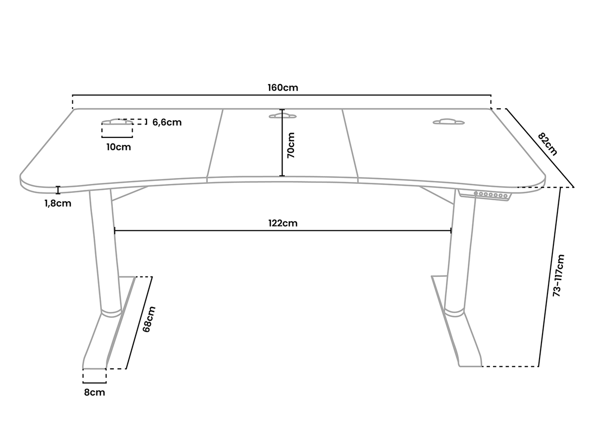 Rectangular desk with detailed measurements labeled in centimeters and adjustable height.