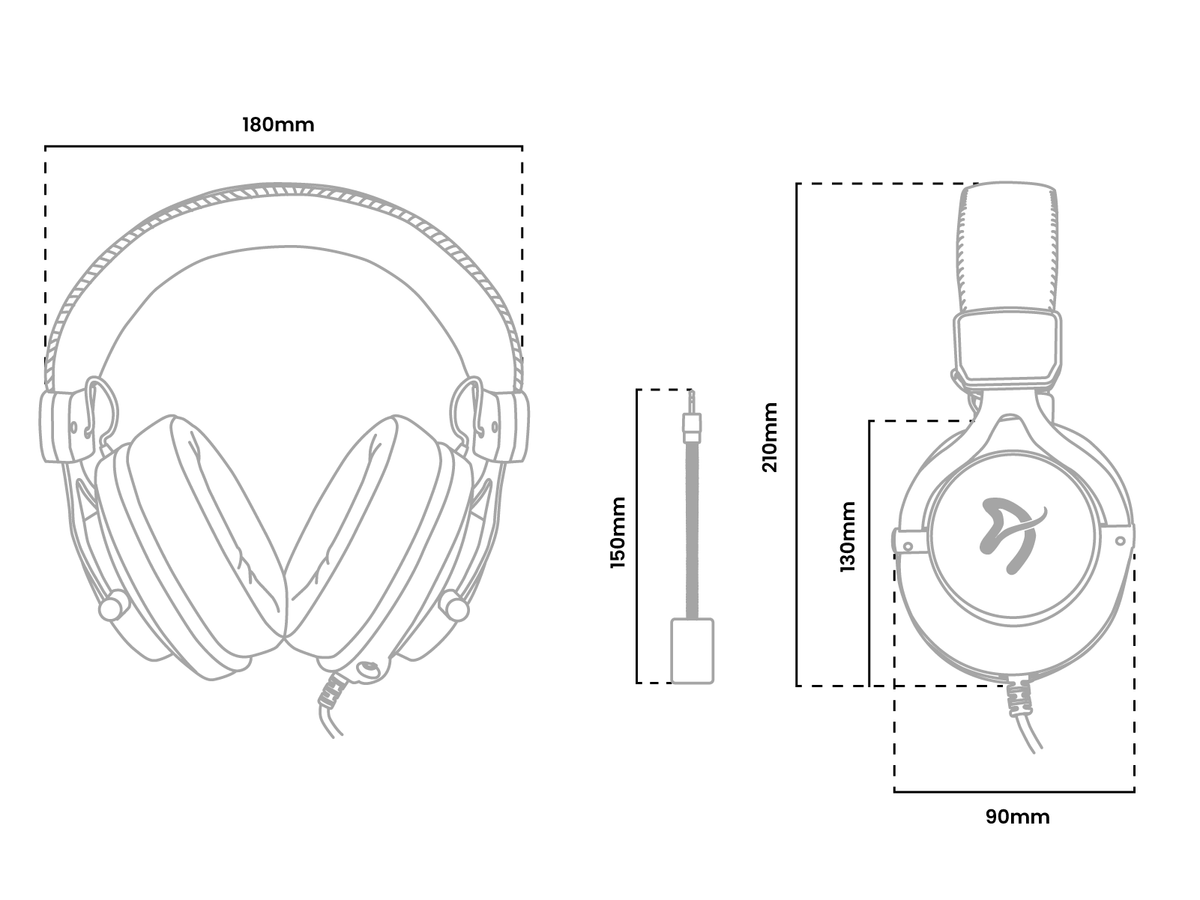 Line drawing of headphones with measurements labeled: 180mm, 210mm, 130mm, 90mm, and 150mm.