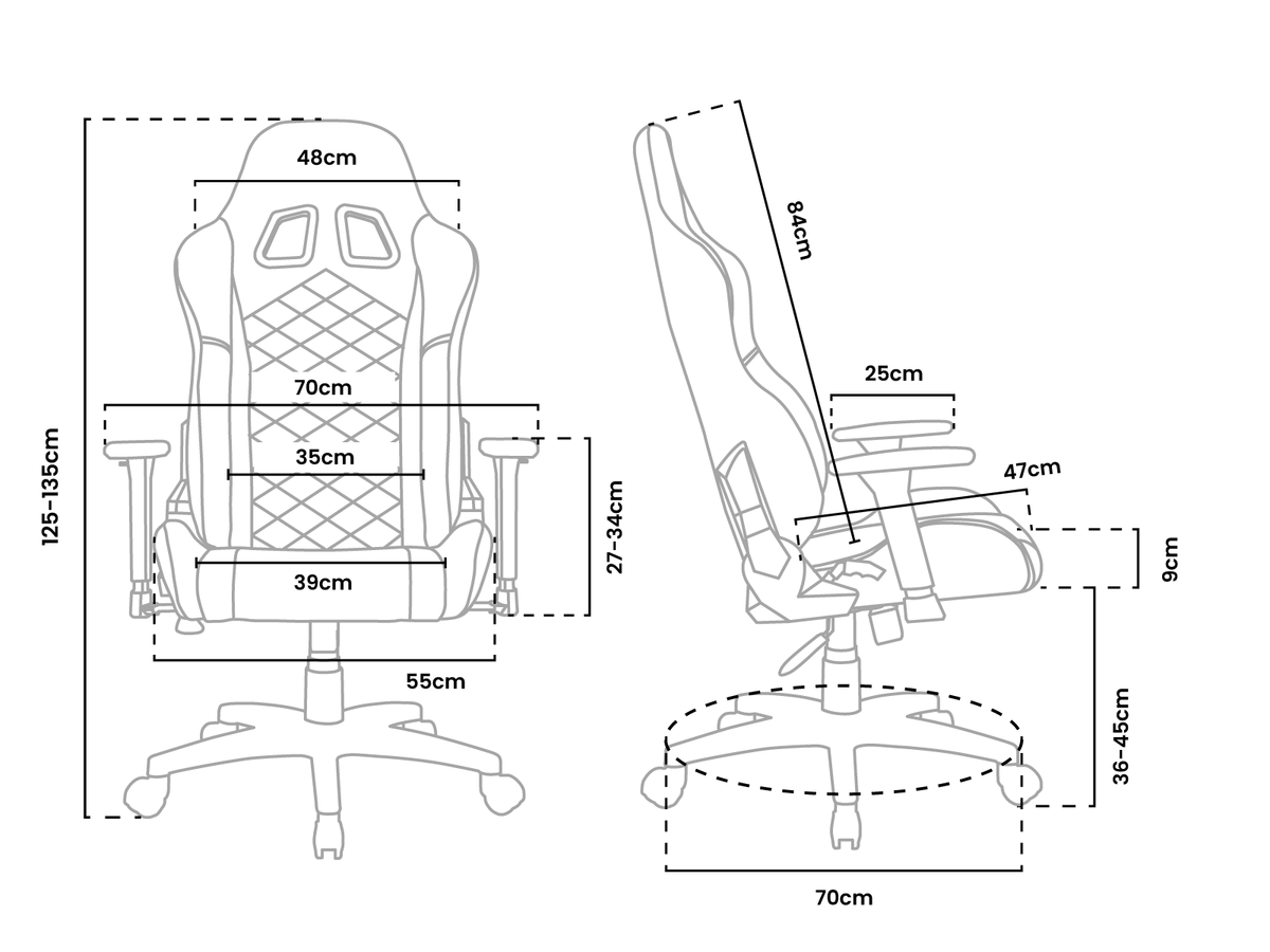 Gaming chair: 125-135cm high, 70cm wide, 55cm deep, 36-45cm seat height, 48cm back width.