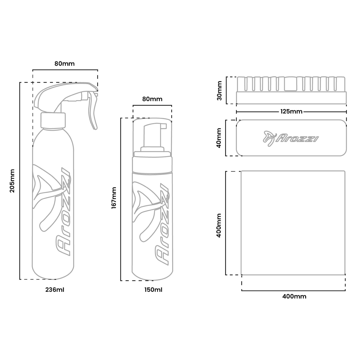 Line drawings of spray bottle, foam bottle, brush, sponge, and cloth with measurements.