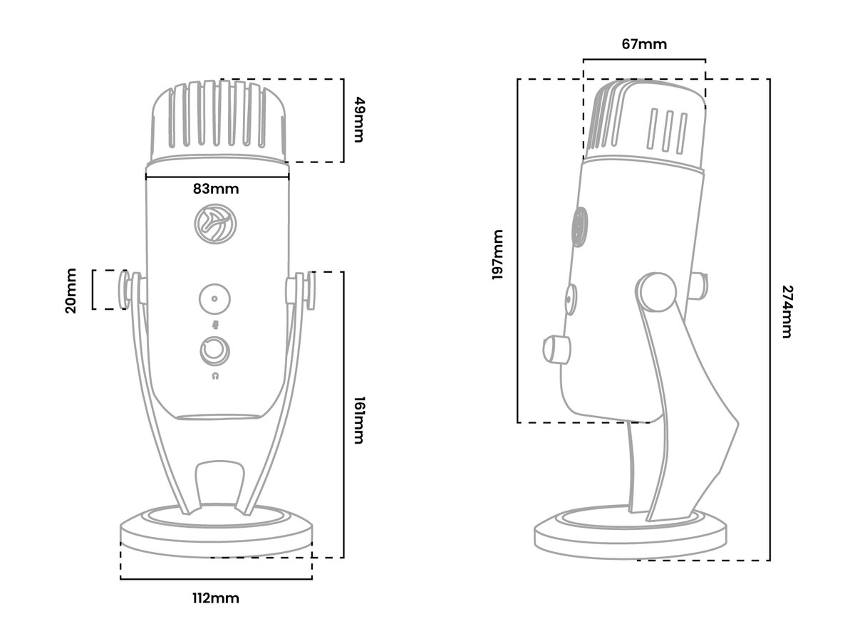 Line drawing of a microphone with dimensions labeled in millimeters.
