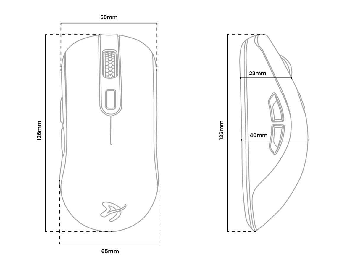 Line drawing of a computer mouse with labeled width, height, and button measurements.