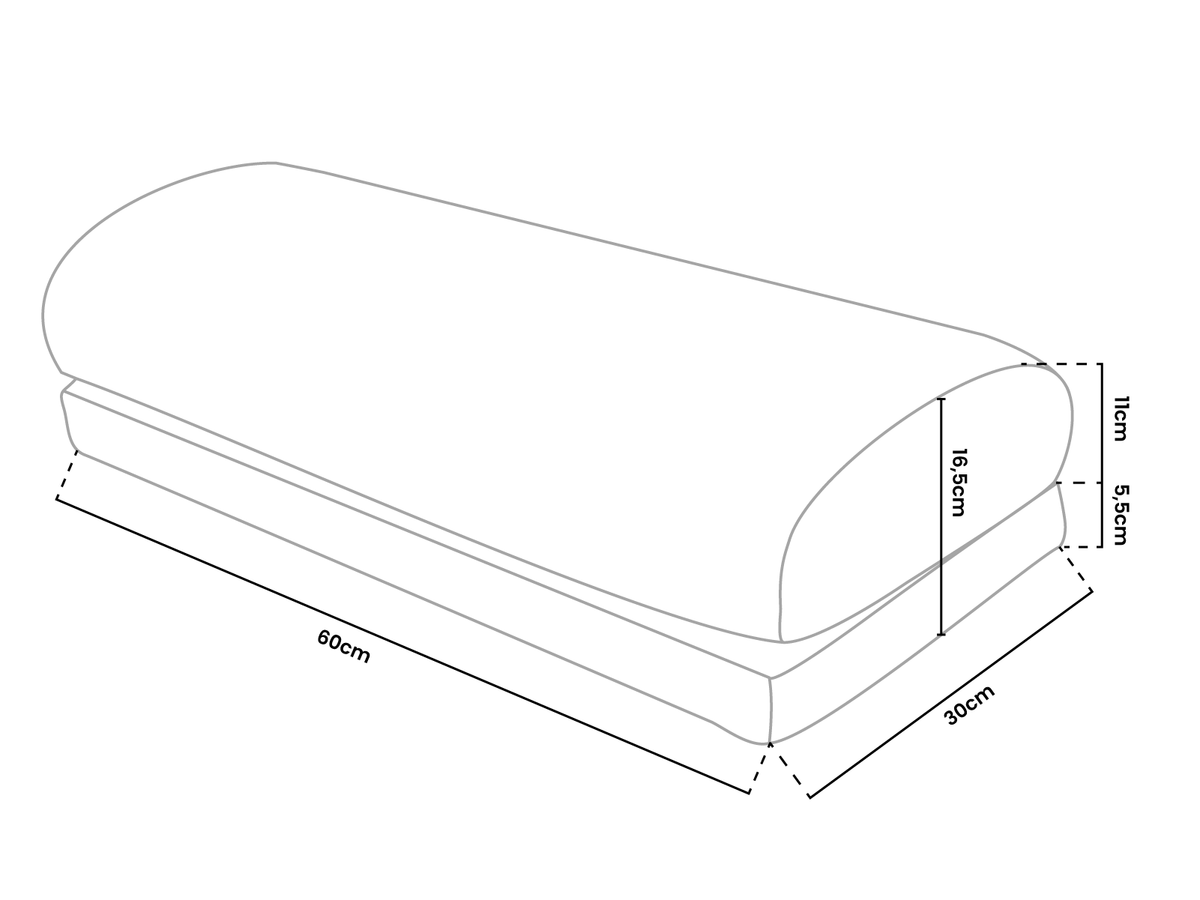 Line drawing of a contoured pillow with labeled dimensions in centimeters.