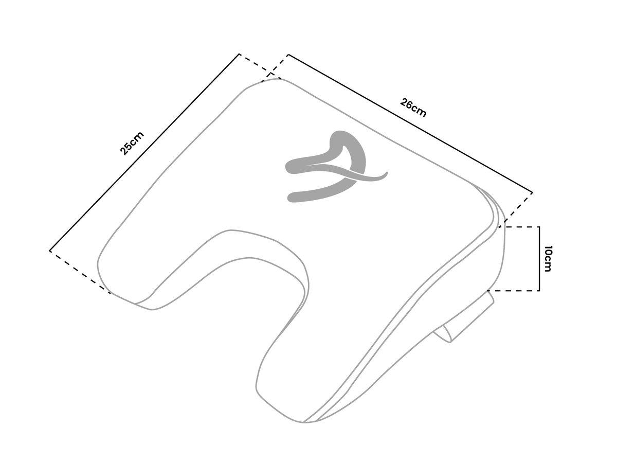 Cushion with U-shape cutout, dimensions: 35cm x 26cm x 10cm, side strap visible.