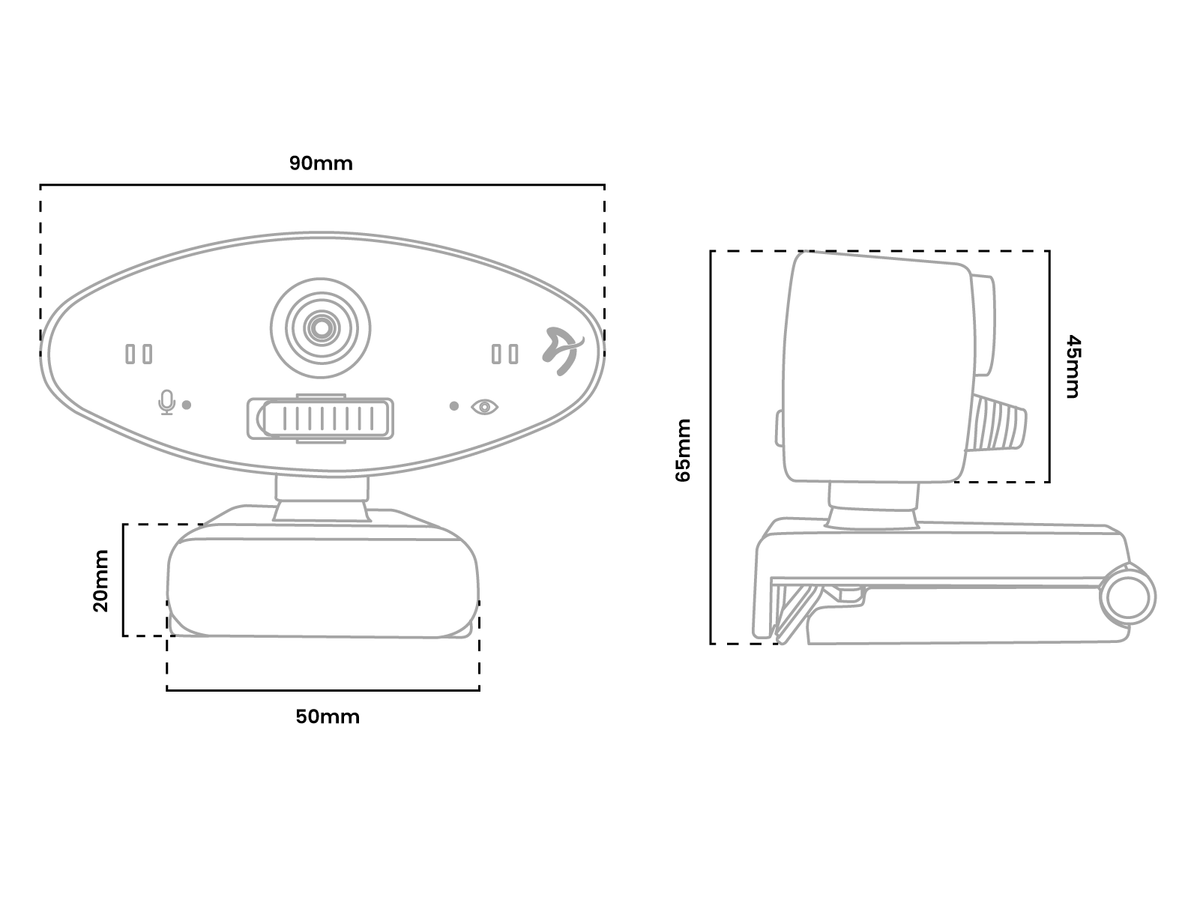 Line drawing of a webcam with front and side views, labeled with measurements in millimeters.