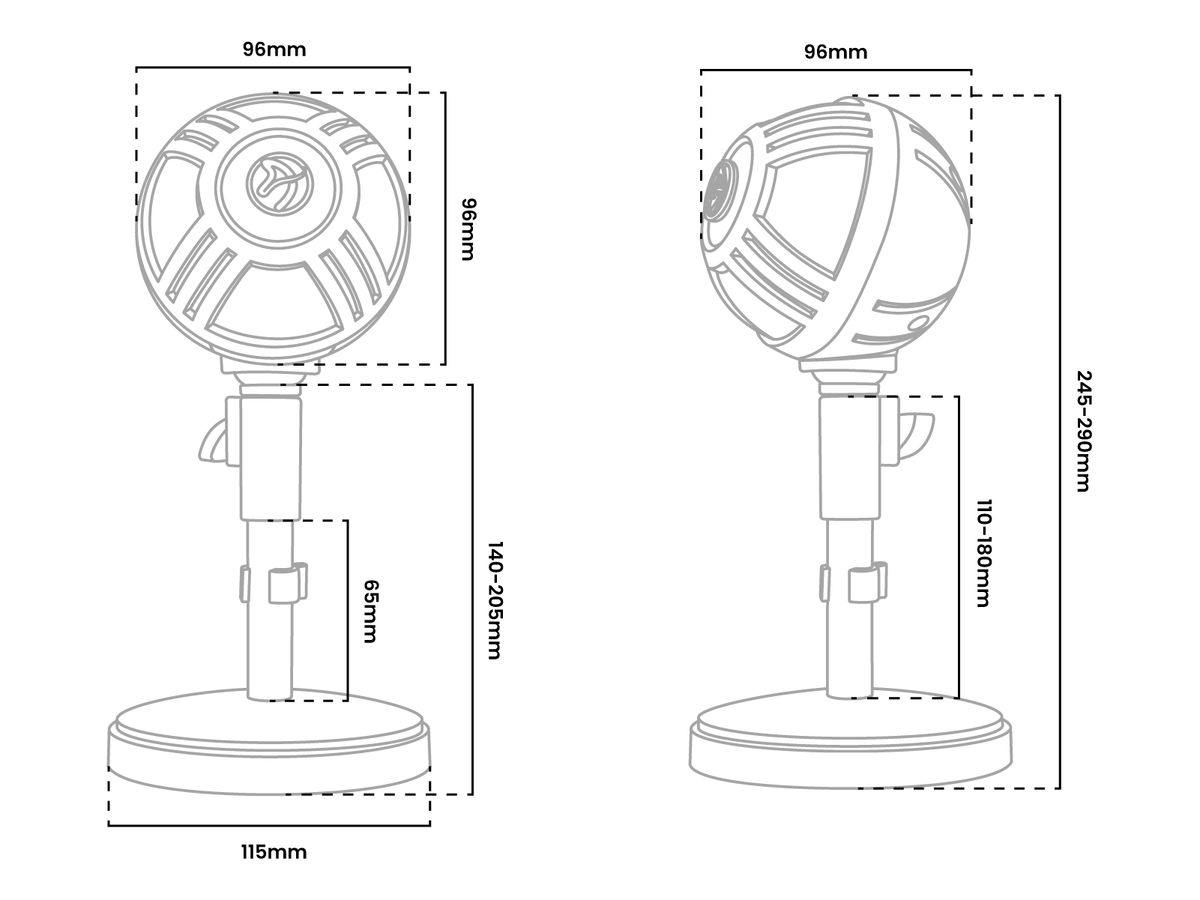 Diagram of a round microphone on a stand with labeled height and width measurements.