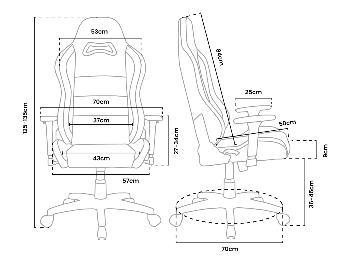 Line drawings of a gaming chair with detailed measurements in centimeters.