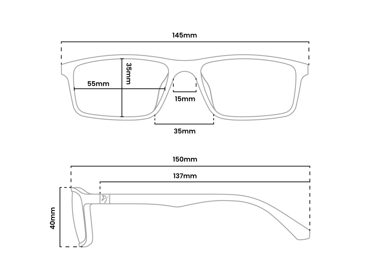 Eyeglass frame diagram with detailed measurements in millimeters.