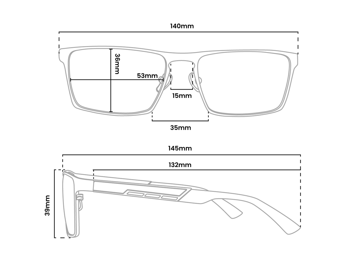 Line drawing of eyeglasses with measurements indicated for width, height, and lens size.