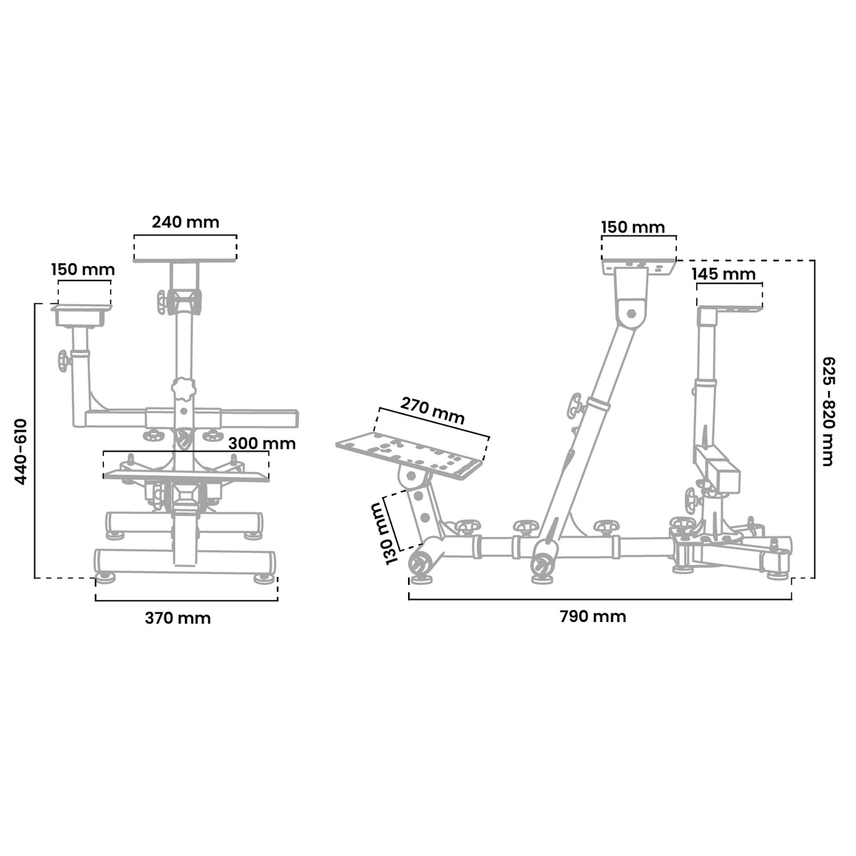 Technical diagram of an adjustable metal frame with labeled dimensions in millimeters.