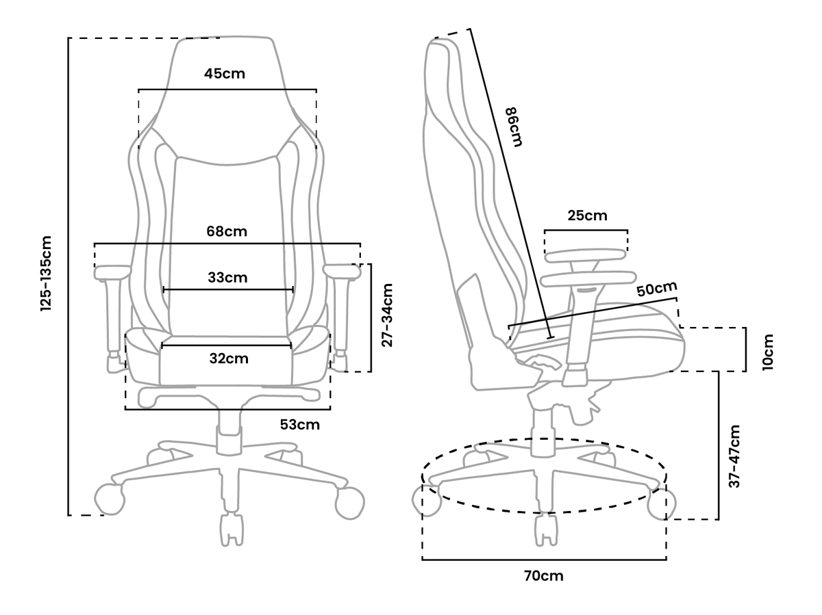 Line drawing of office chair with labeled measurements in centimeters.