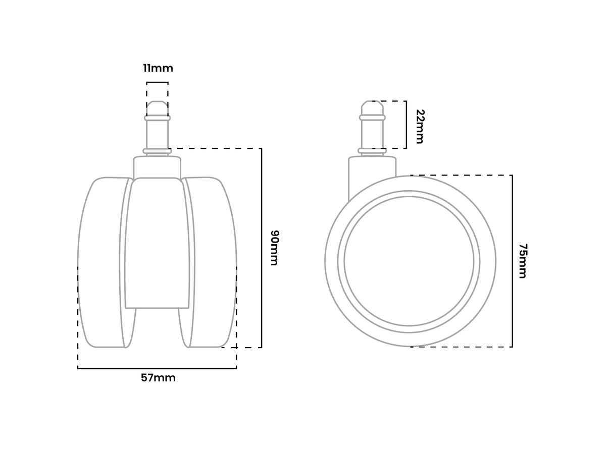 Technical drawing of a caster wheel with labeled dimensions in millimeters.