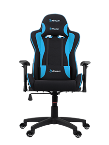Black and blue gaming chair with armrests and adjustable seat on wheels.