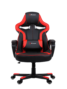 Black and red gaming chair with a high back and armrests on a wheeled base.