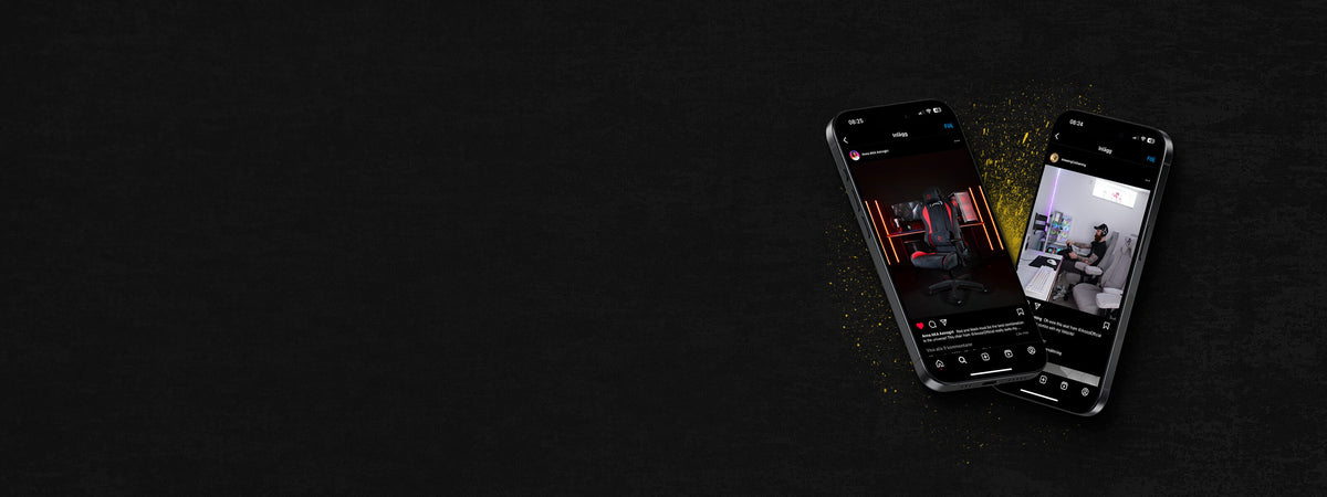 Two smartphones display social media posts featuring gaming chairs on a dark background.