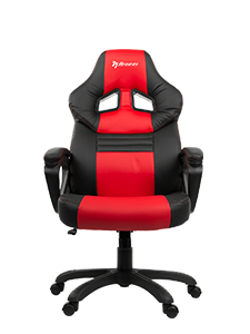 Red and black ergonomic gaming chair with armrests and wheels, front view.