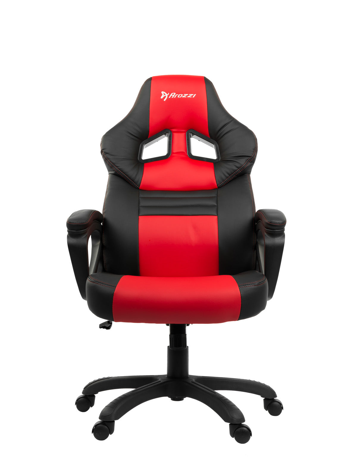 Red and black gaming chair with armrests and wheeled base, shown on a white background.