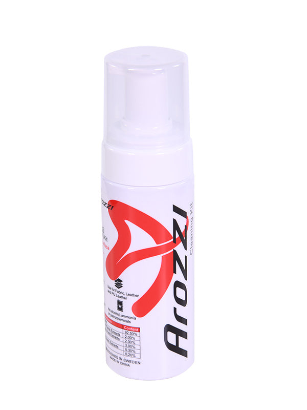 White bottle of Arozzi cleaning kit with red and black text and a clear cap.