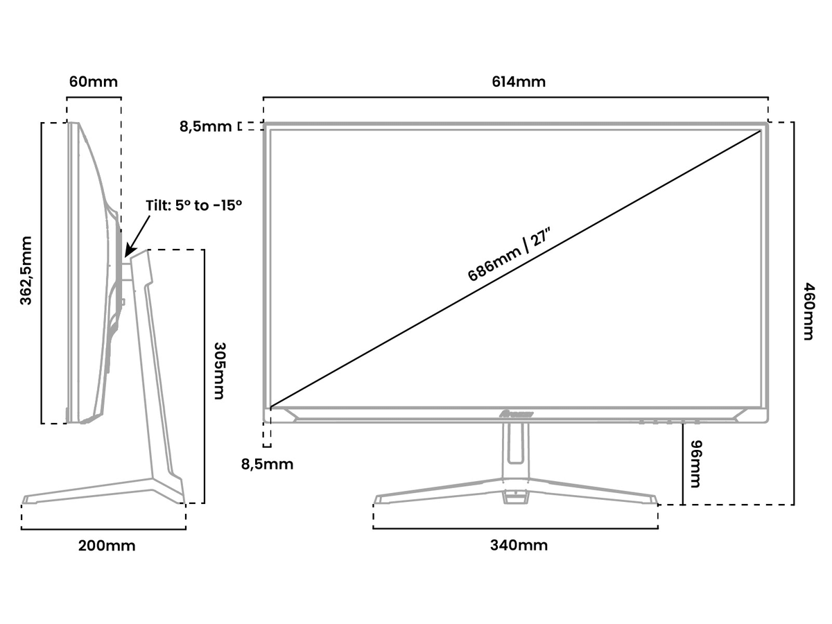 Monitor dimensions diagram; side and front views with labeled measurements in millimeters.