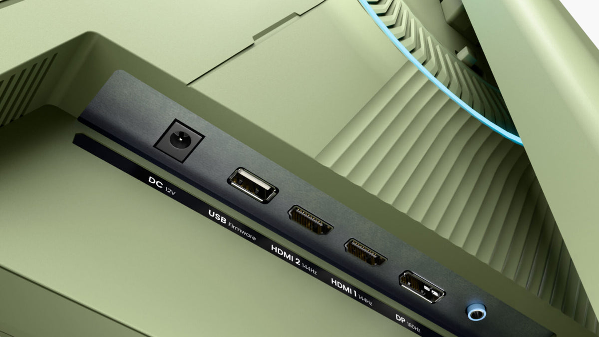 Close-up of computer ports labeled DC, USB, HDMI 2.0, HDMI 1.4, and DP.