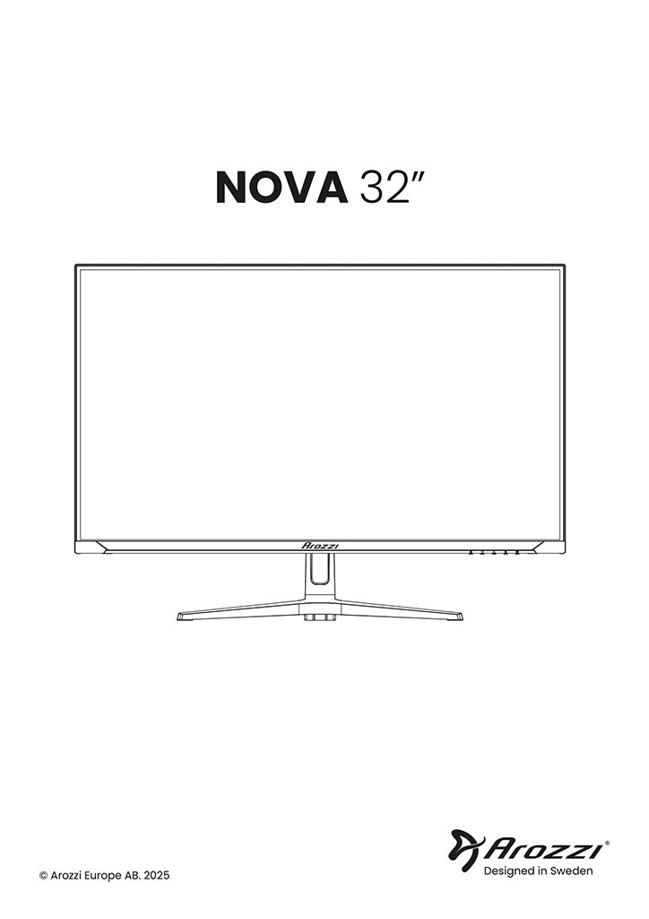 Line drawing of a 32-inch Arozzi Nova monitor with logo and branding text.
