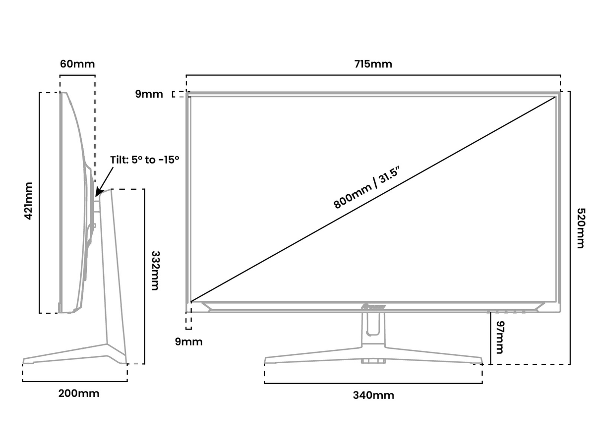 Monitor diagram with dimensions and tilt angles labeled in millimeters and degrees.