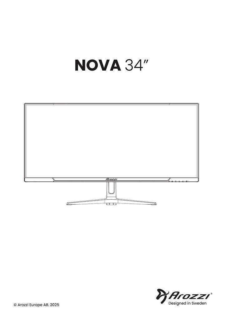 Outline of a 34-inch Arozzi NOVA monitor with stand and company logos.