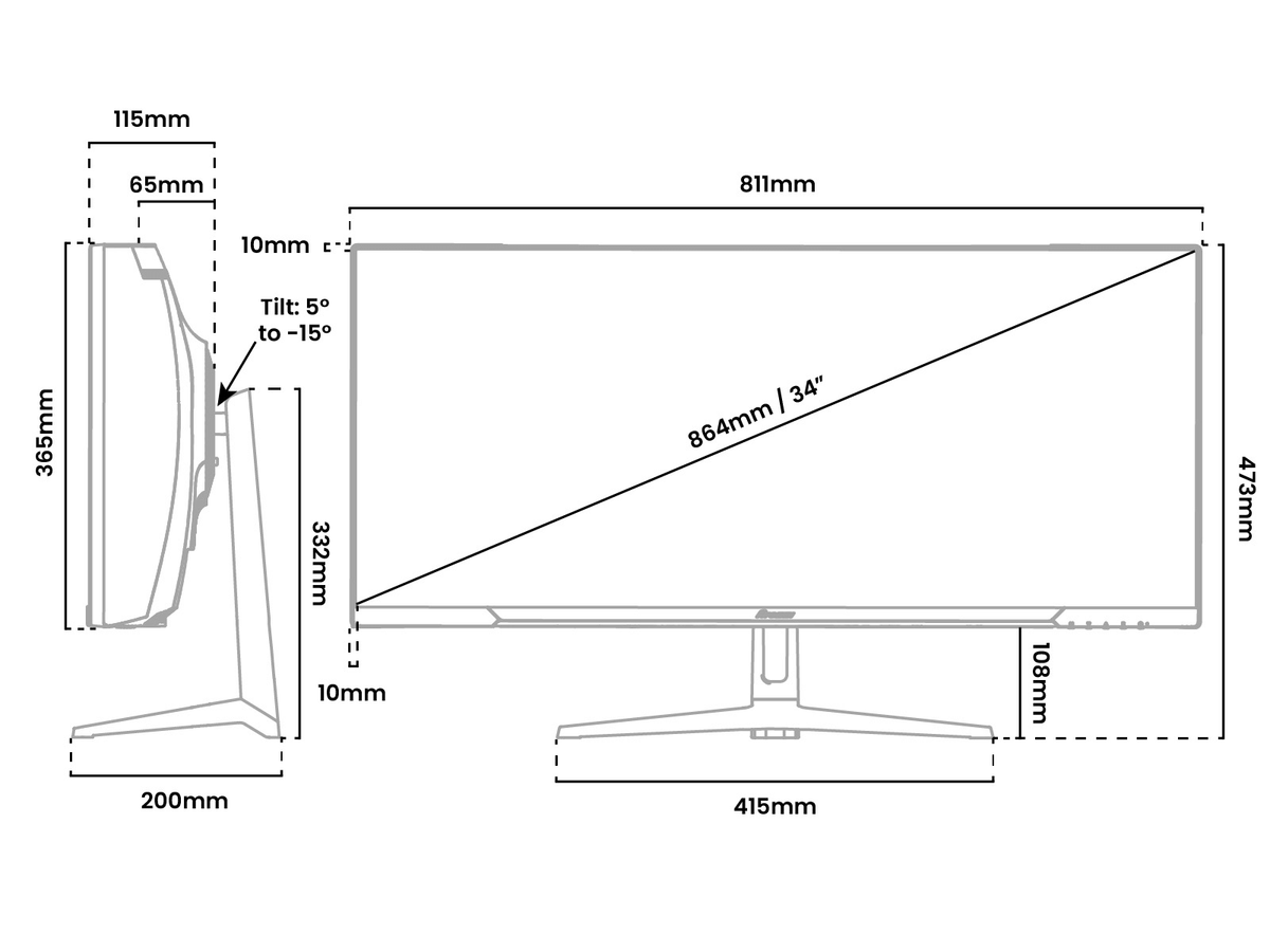 Technical diagram of a 34-inch monitor with detailed measurements and tilt angles shown.