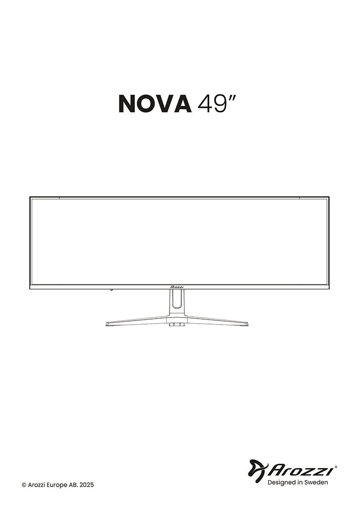 Outline of a 49-inch ultra-wide monitor with NOVA 49 text above and Arozzi logos below.