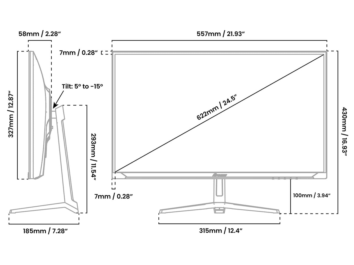 Monitor dimensions diagram with labeled width, height, tilt, and diagonal measurements.