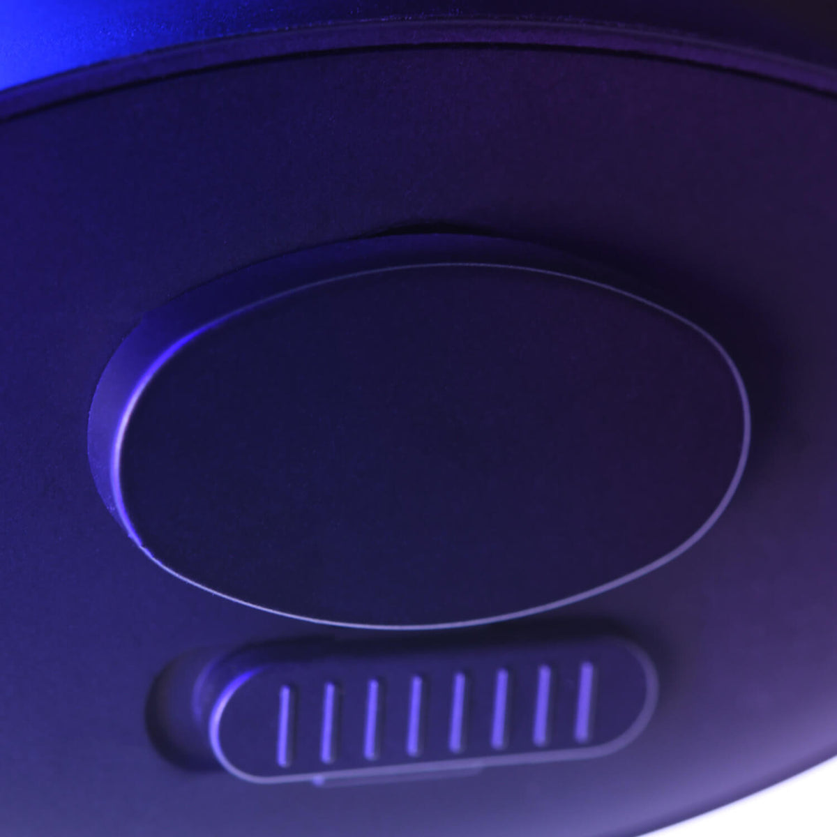 Close-up of a round purple object with an oval button and a ridged rectangular switch.
