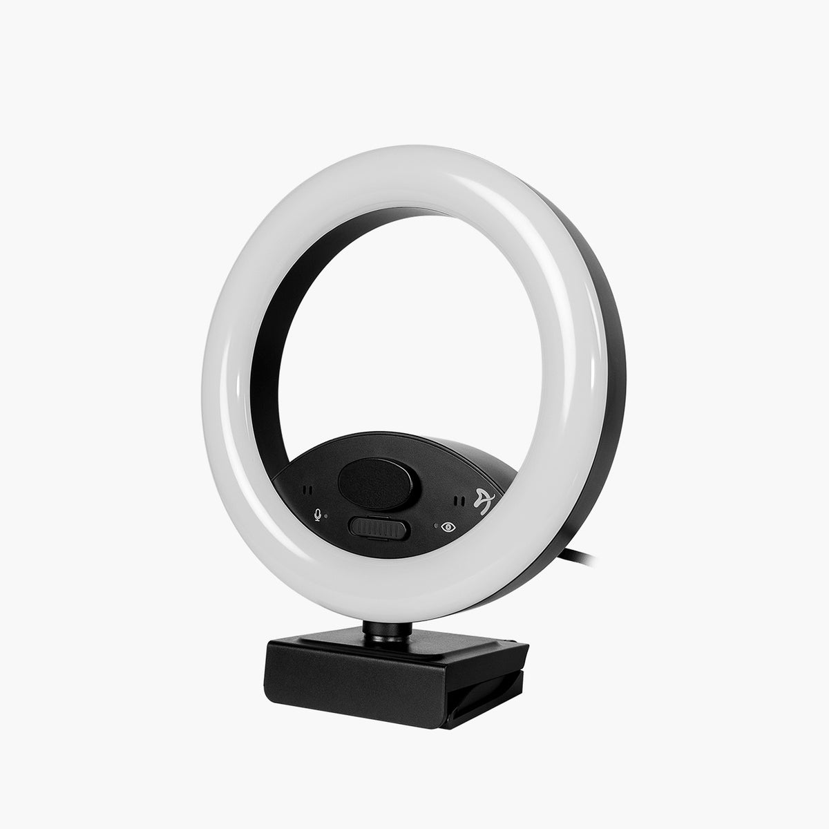 Occhio True Privacy Ring Light Webcam by Arozzi Europe with stand and controls, white background.