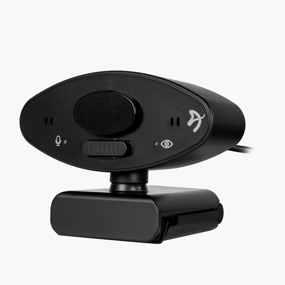 Arozzi Europe Occhio webcam: privacy cover, mic circuit breaker, and front volume slider.