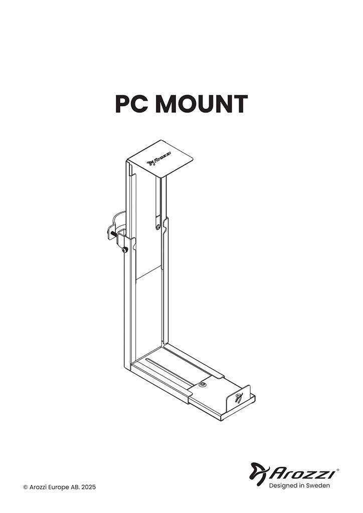 Line drawing of an Arozzi PC mount with labels and logo, showing side and top view.