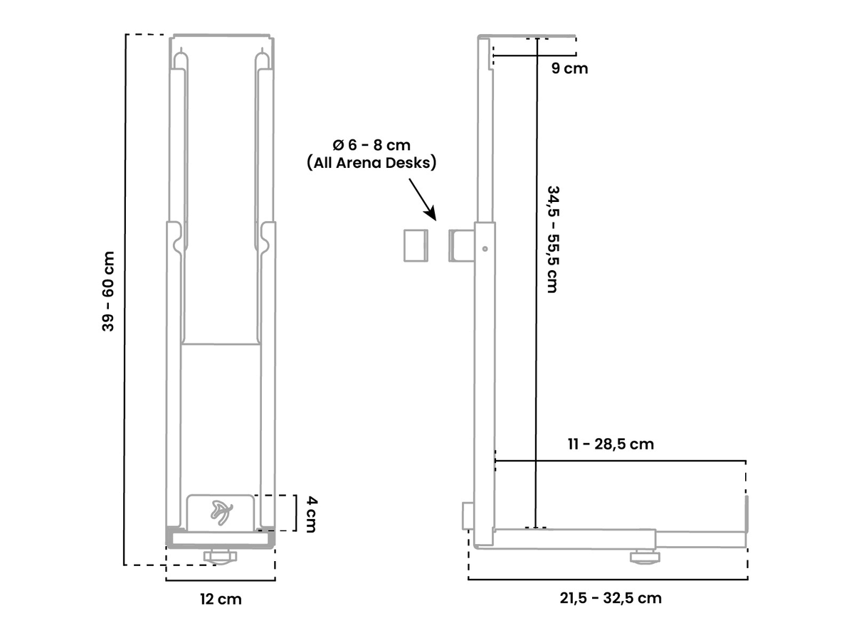 Technical drawing of a desk mount with labeled dimensions in centimeters.